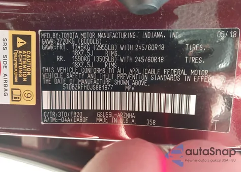 2018 Toyota Highlander Le from USA, damaged, VIN 5TDBZRFH0JS881877